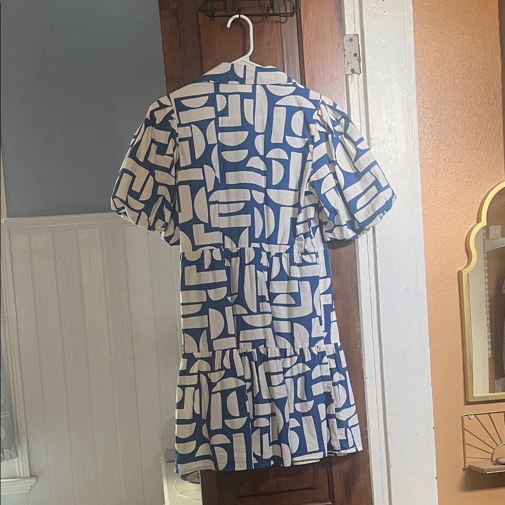 Jessica Simpson Blue and White Geometric Button-Down Mini Dress - Picture 3 of 4